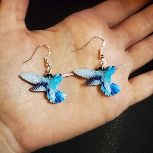 NWOT Sterling Acrylic Blue Hummingbird Earrings - Picture 3 of 6